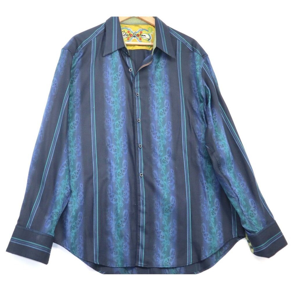 Robert Graham Men Long Sleeve Button Front Shirt Paisley Stripe XL Glamcore
